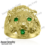 Men's Ring 18k Yellow Gold Lion Emerald Ring
