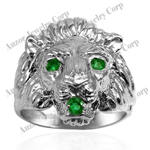 Men's Ring 14k White Gold Lion Emerald Ring