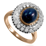 Russian Style Cabochon Sapphire Diamond Ring 14K
