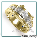 Men's 14k Gold Burnish Set Diamond Sapphire Ring