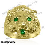 Men's Ring 10k Yellow Gold Lion Emerald Ring