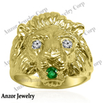 Men's Ring 14k Gold Lion Diamond Emerald Ring